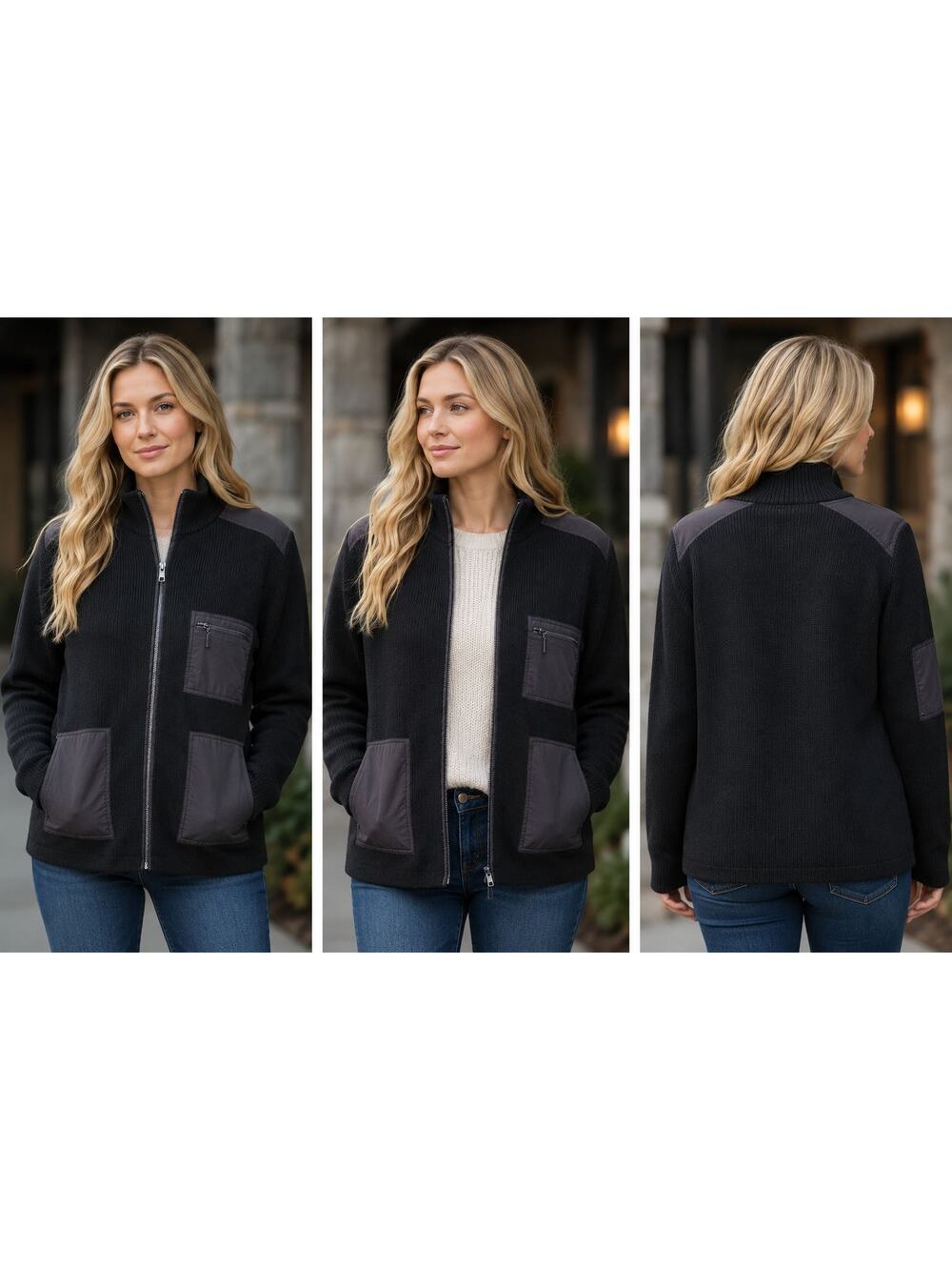 Calvin Klein Full Zip Rib Knit Sweater Jacket Black Large Cotton Zip Pockets